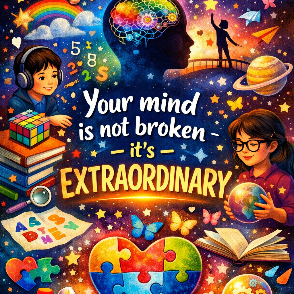 Book cover with colorful design, text 'Your mind is not broken - it's extraordinary', and images of children and educational elements.
